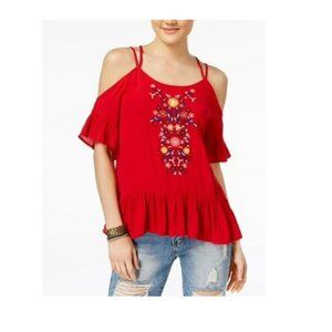 Crave Fame Scarlet Floral Embroidered Cold-Shoulder Ruffles Pullover Blouse